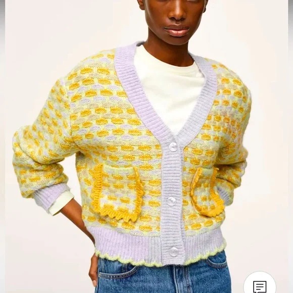 Mango Multi Color Knit Cardigan Size XS Women’s Woven Tweed Pockets Eclectic - Picture 2 of 8